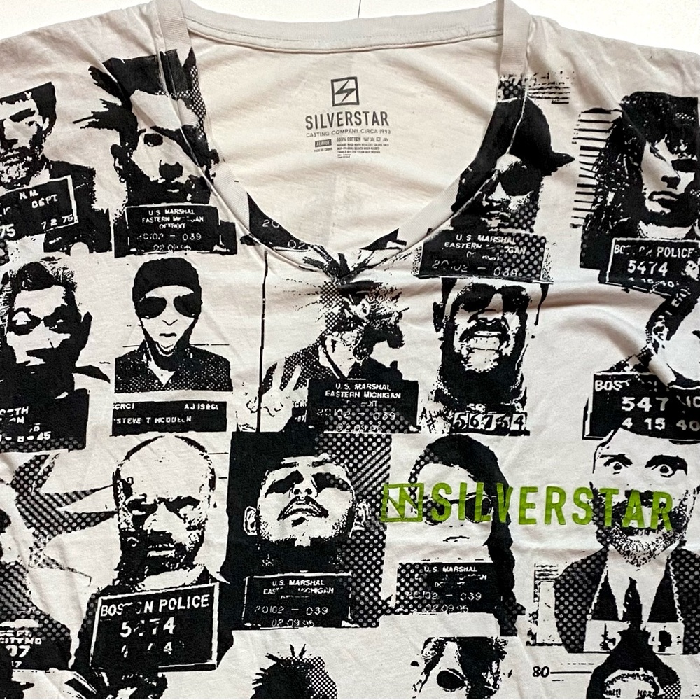 👚TEE-rrific SILVER STAR FAMOUS MUGSHOT BLACK & WHITE GRAPHIC TEE SIZE XL